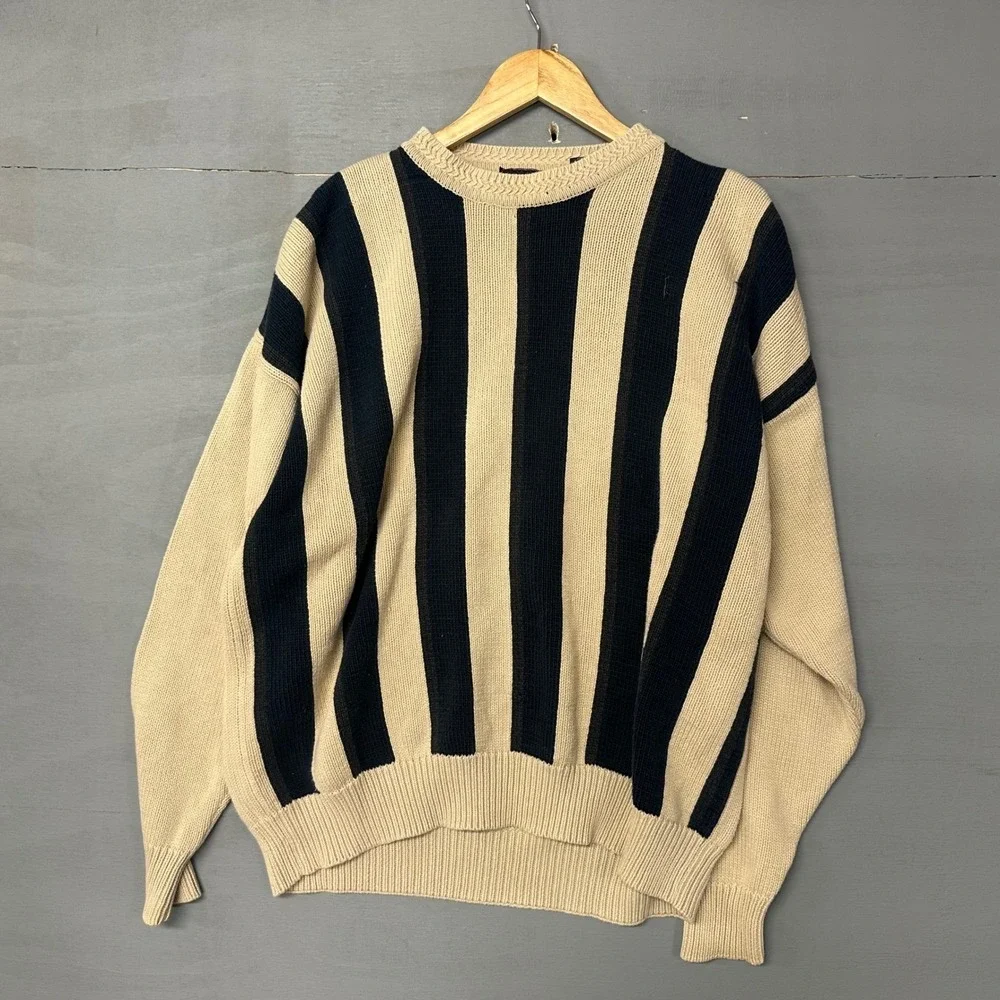 Woods &‎ Gray Mens Striped Crewneck Sweater Beige Black L/G Cotton